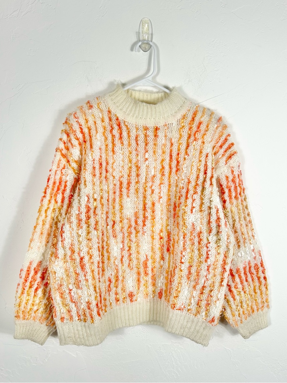 Vintage 80s Joyce Mock Neck Striped Knit Sweater White Orange Pink Size XL